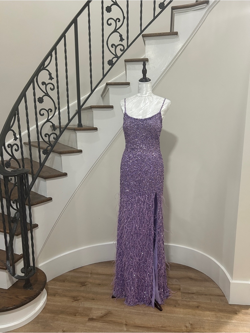 Rachel Allan Lavender Sequin Fringe Prom Gown